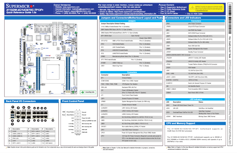 Page 1 de la notice Guide de démarrage rapide Supermicro X11SDW-14CN-TP13F+