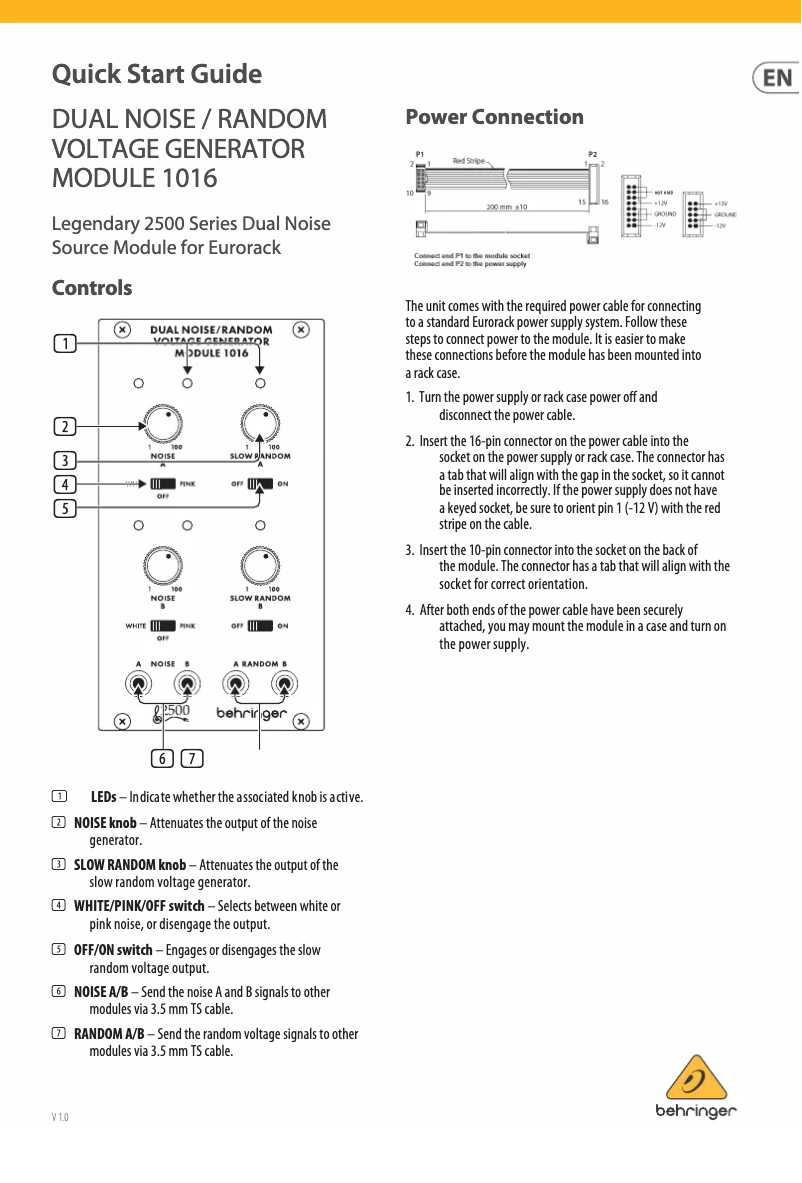 Page 1 de la notice Manuel utilisateur Behringer Dual Noise/Random Voltage Generator Module 1016