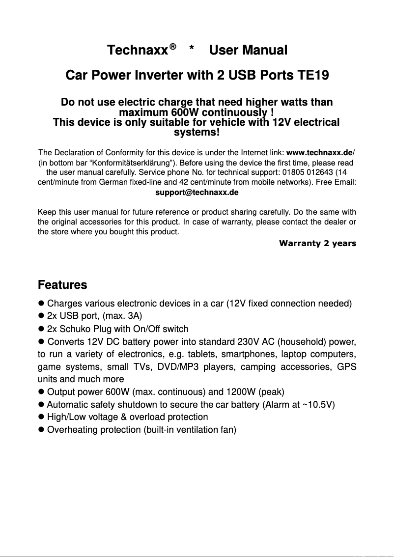 Page n°1 - Manuel utilisateur Technaxx TE19