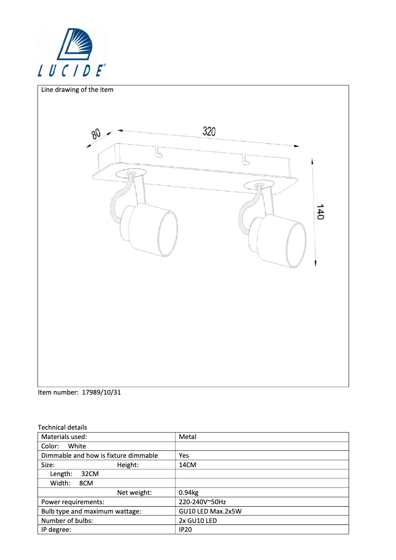 Page n°1 - Manuel utilisateur Lucide Dica led 17989/10/31