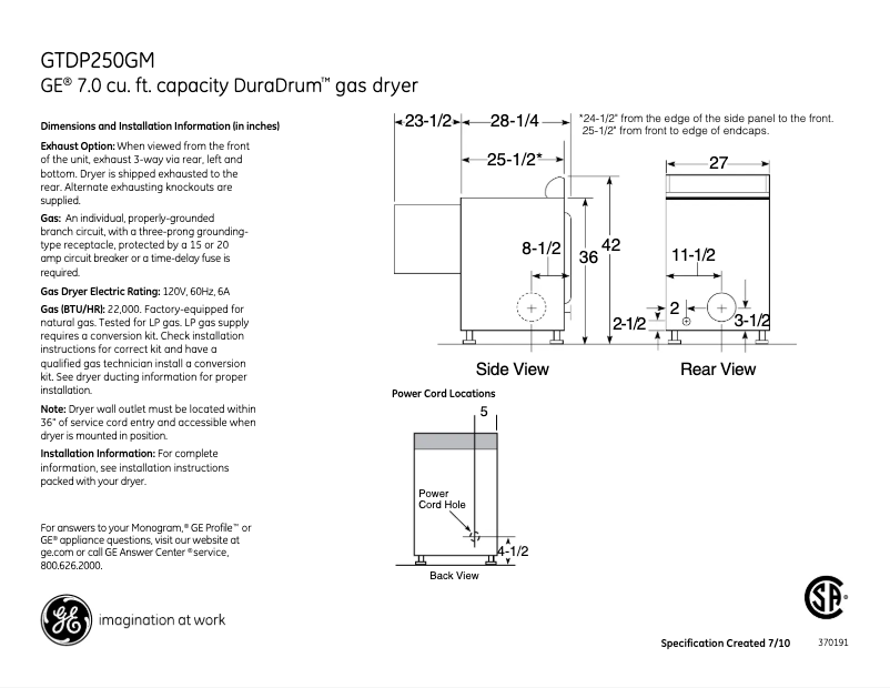 Page 1 of the manual Technical Sheet GE GTDP250GMWW