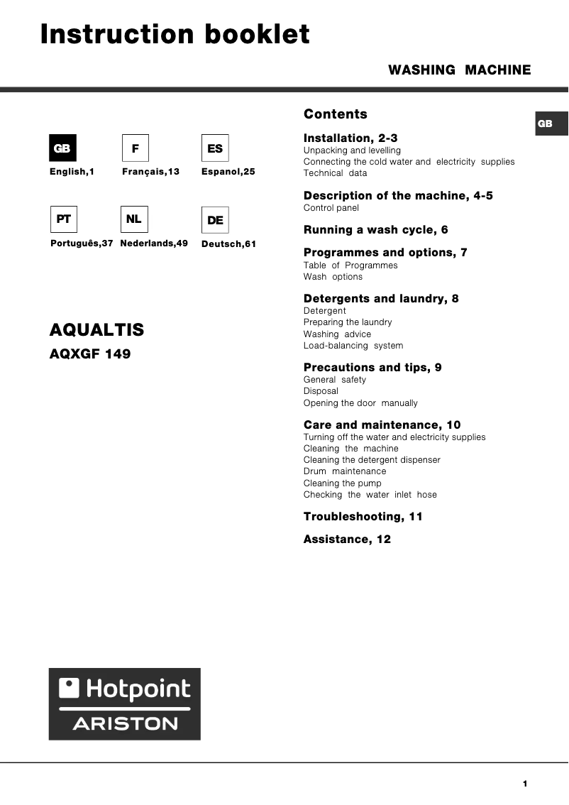 Page 1 de la notice Manuel utilisateur Hotpoint Ariston Aqualtis AQXGF 149 H S N