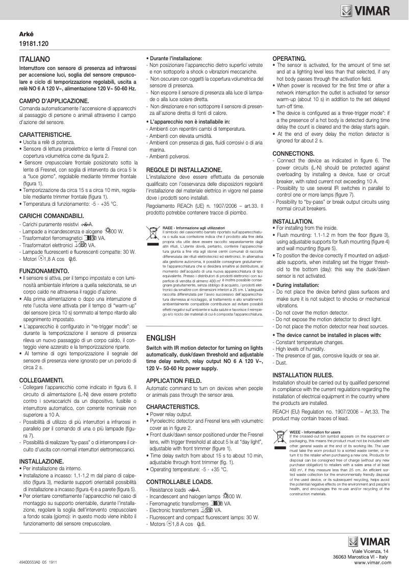 Page 1 de la notice Manuel utilisateur Vimar 19181.120.B