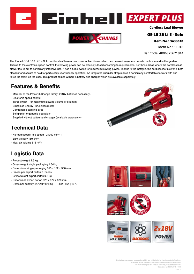 Page n°1 - Fiche technique Einhell GE-LB 36 Li E