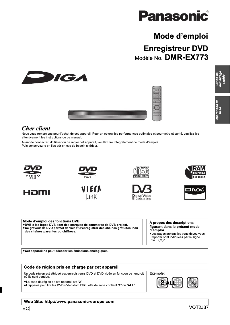 Page 1 de la notice Manuel utilisateur Panasonic DMR-EX773