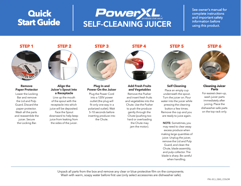 Page n°1 - Guide de démarrage rapide PowerXL Self-Cleaning Juicer SHL96