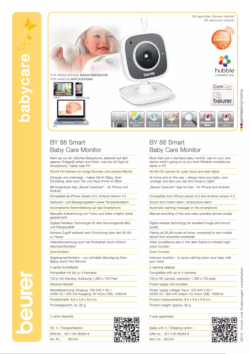 Page 1 de la notice Fiche technique Beurer BY 88 Smart