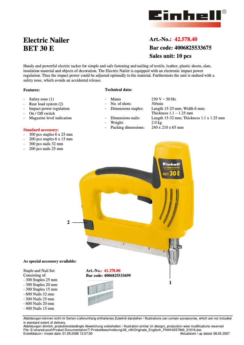 Page 1 de la notice Manuel utilisateur Bavaria by Einhell BET 30 E