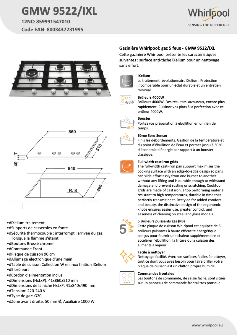 Page 1 de la notice Fiche technique Whirlpool GMW 9522/IXL