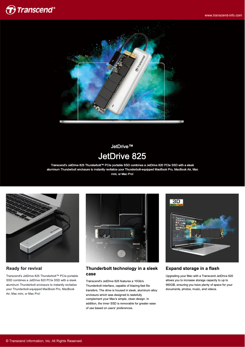 Page 1 de la notice Fiche technique Transcend JetDrive 825