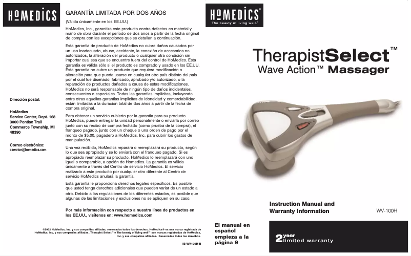 Page 1 de la notice Manuel utilisateur Homedics TherapistSelect WV-100H