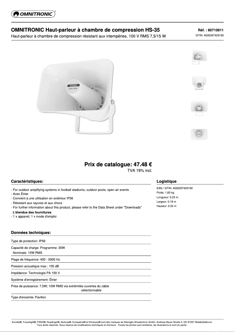 Page n°1 - Fiche technique Omnitronic HS-35