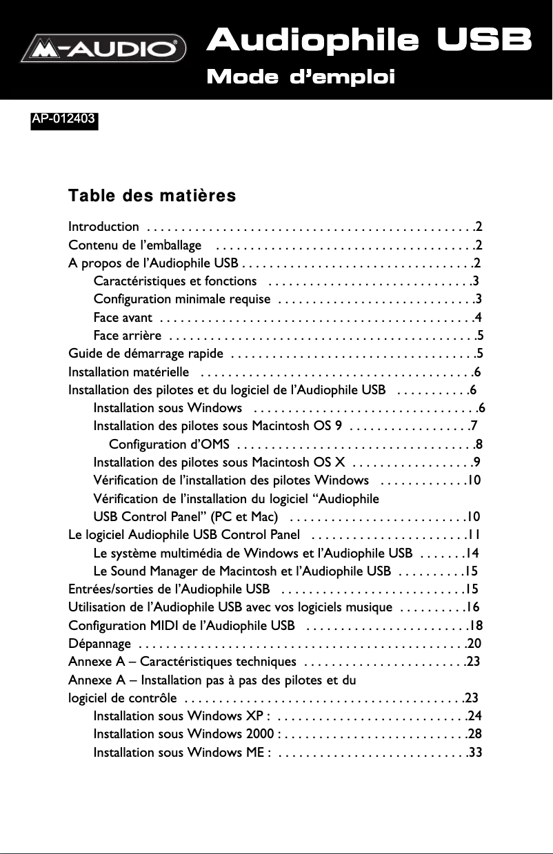 Page 1 de la notice Manuel utilisateur M-Audio Audiophile USB