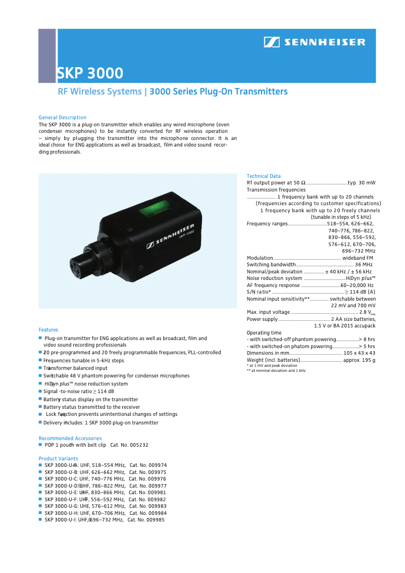 Page 1 de la notice Fiche technique Sennheiser SKP 3000