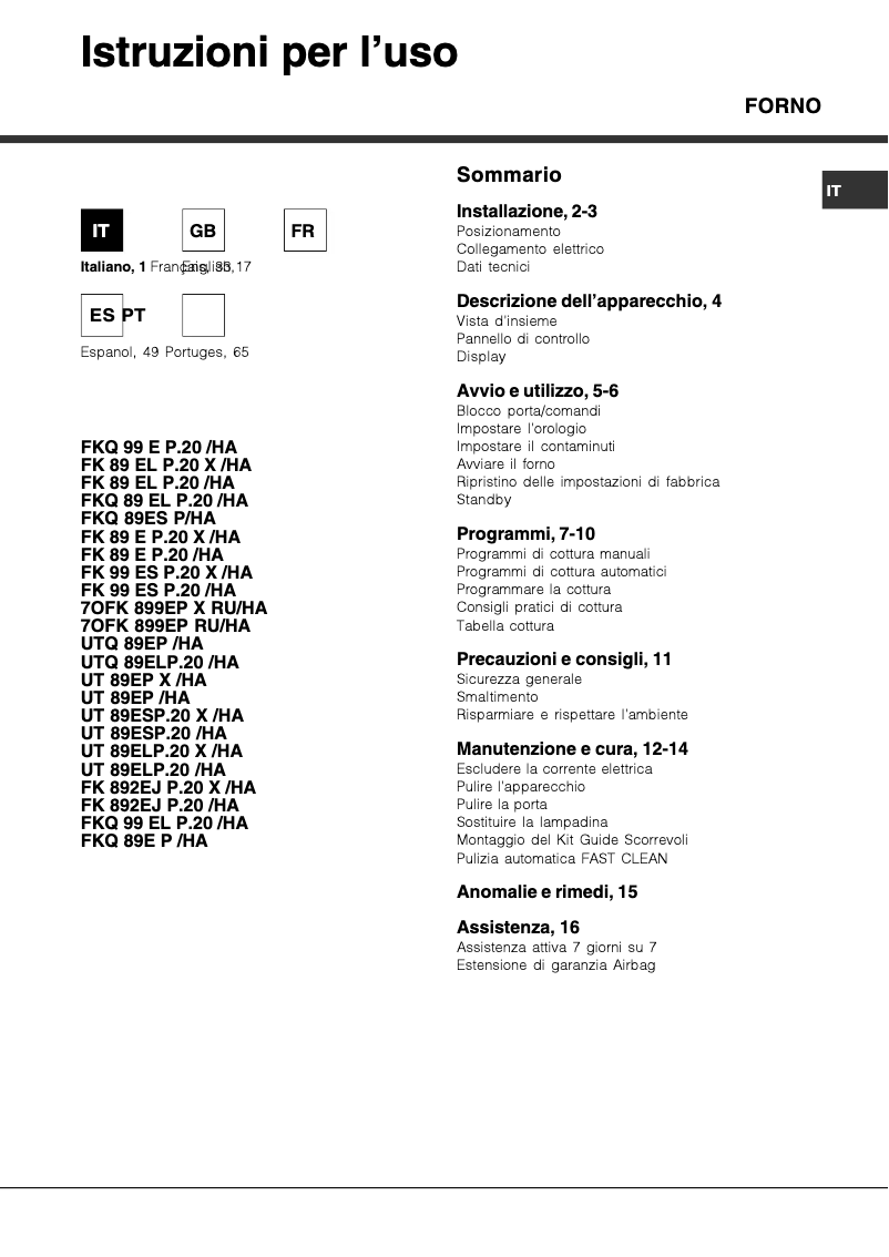 Page 1 de la notice Manuel utilisateur Hotpoint Ariston FK 89EL P.20 X/HA