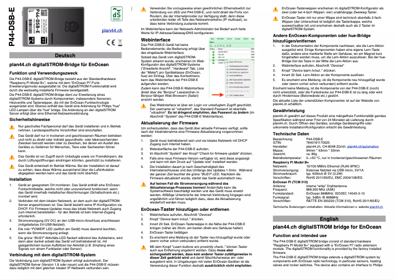 Page 1 de la notice Manuel utilisateur digitalSTROM PS44-DSB-E