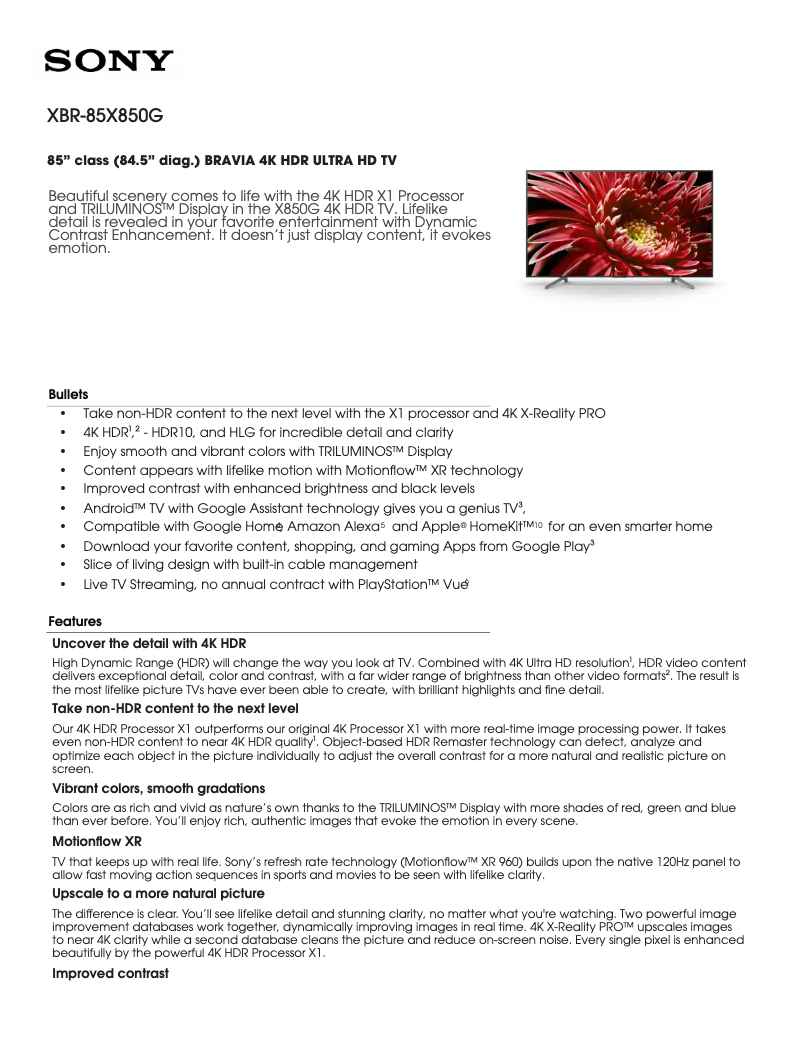 Page 1 de la notice Manuel utilisateur Sony XBR85X850G