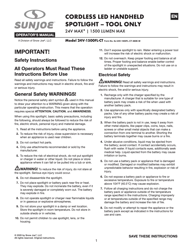 Page 1 de la notice Manuel utilisateur Sun Joe 24V-1500FL-CT