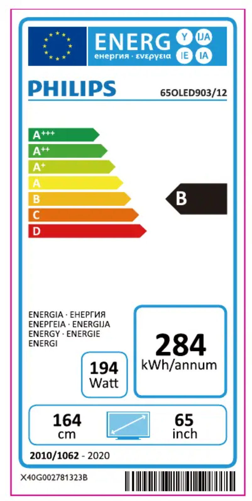 Page 1 de la notice Label énergétique Philips 65OLED903