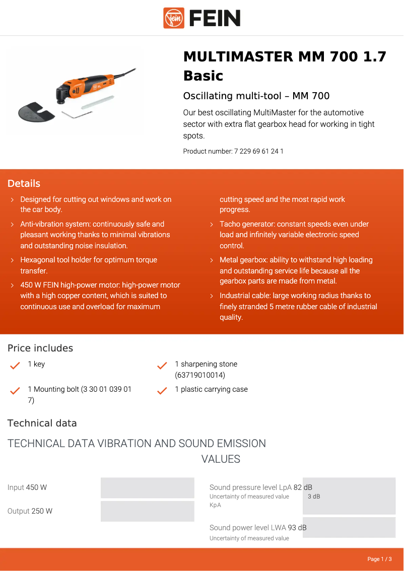 Página 1 del manual Ficha técnica Fein Multimaster MM 700 1.7 Basic