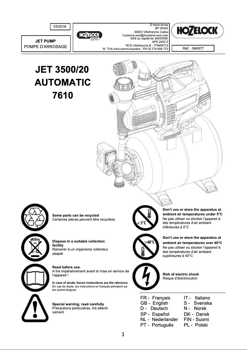 Page n°1 - Manuel utilisateur Hozelock Jet 3500/20 Automatic