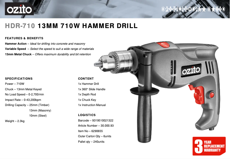 Page 1 de la notice Fiche technique Ozito HDR-710