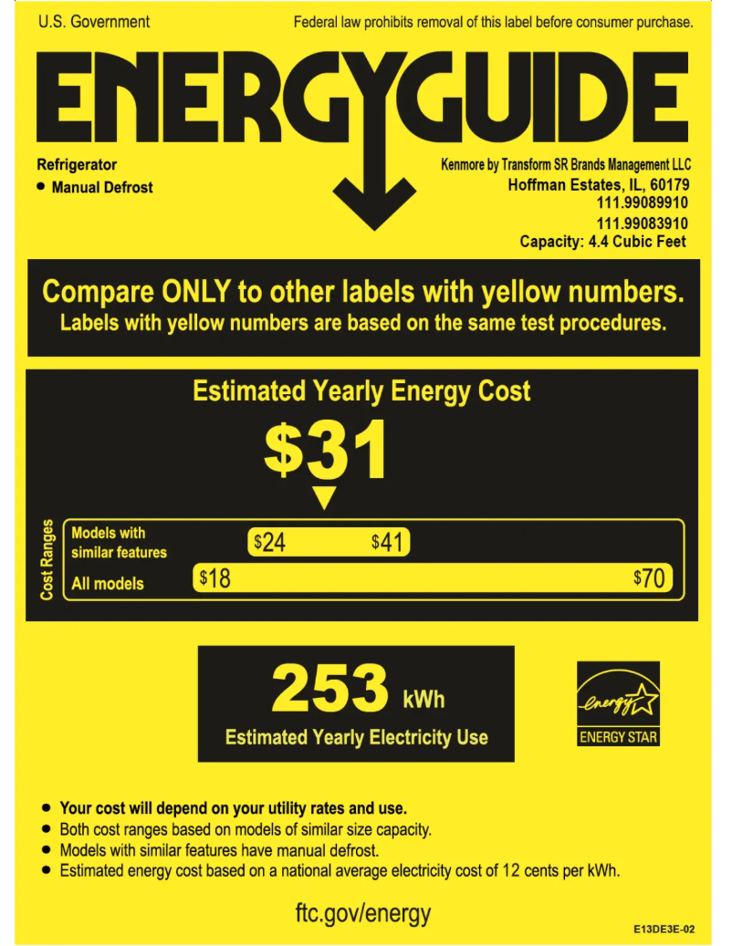 Page 1 de la notice Label énergétique Kenmore 99083