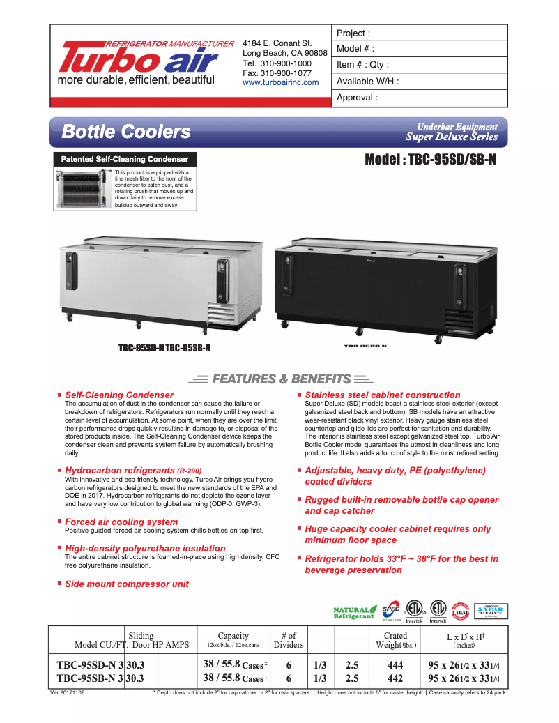Página 1 del manual Ficha técnica Turbo air TBC-95SD