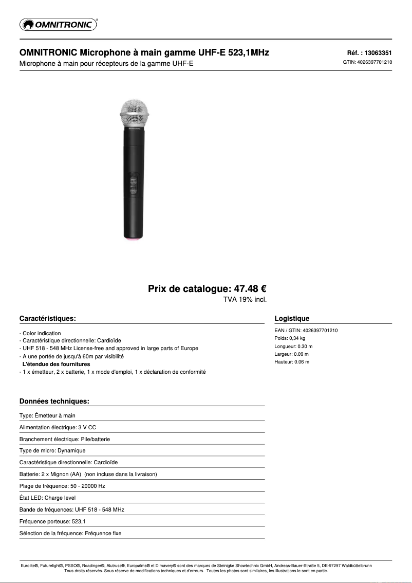 Page 1 de la notice Fiche technique Omnitronic E 523