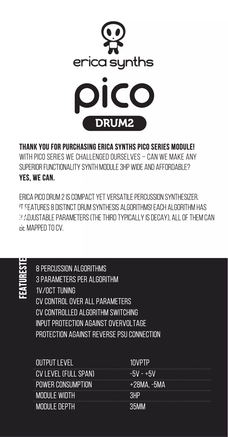 Page 1 de la notice Manuel utilisateur Erica Synths Pico Drum 2