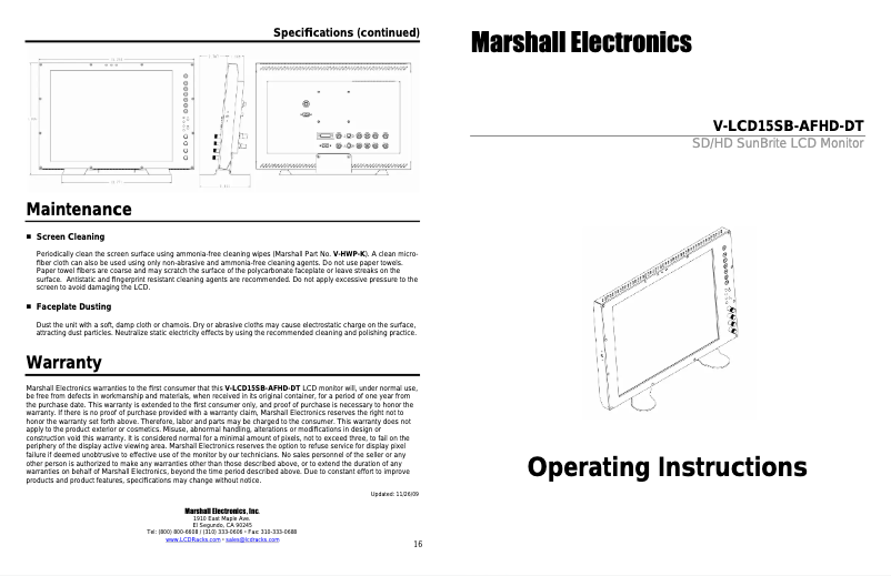 Page 1 de la notice Manuel utilisateur Marshall V-LCD15SB-AFHD-DT