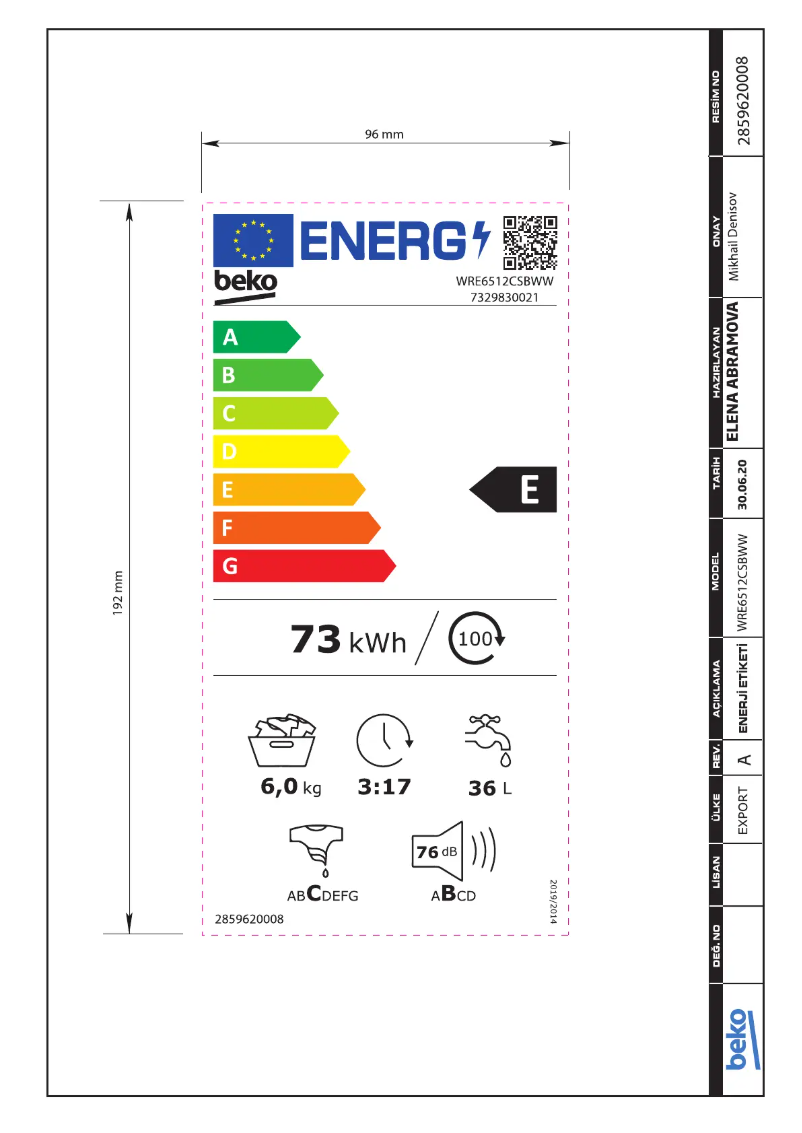 Página 1 del manual Etiqueta energética Beko WRE 6512 CSBWW