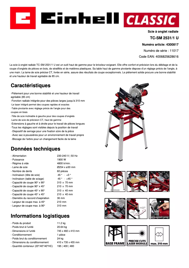 Page n°1 - Fiche technique Einhell TC-SM 2531/1 U