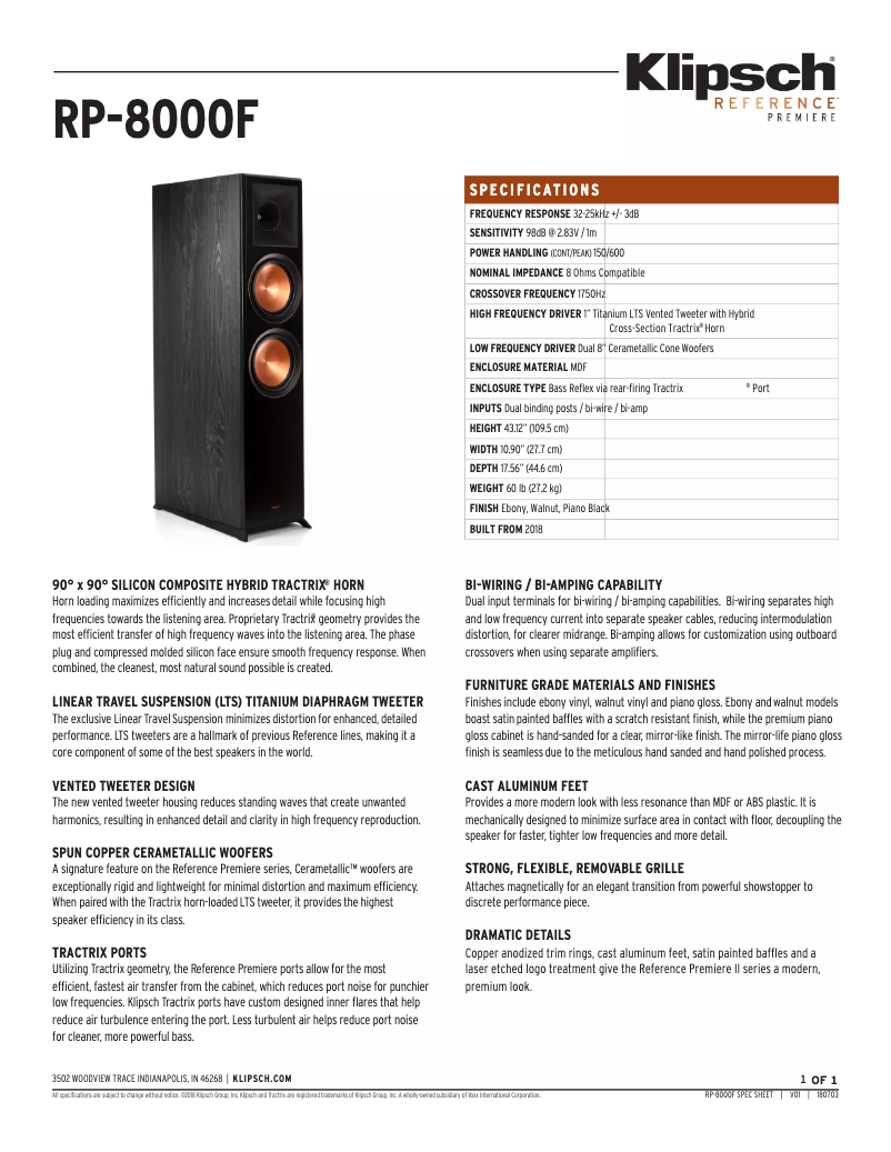 Page n°1 - Fiche technique Klipsch Reference Premiere RP-8000F