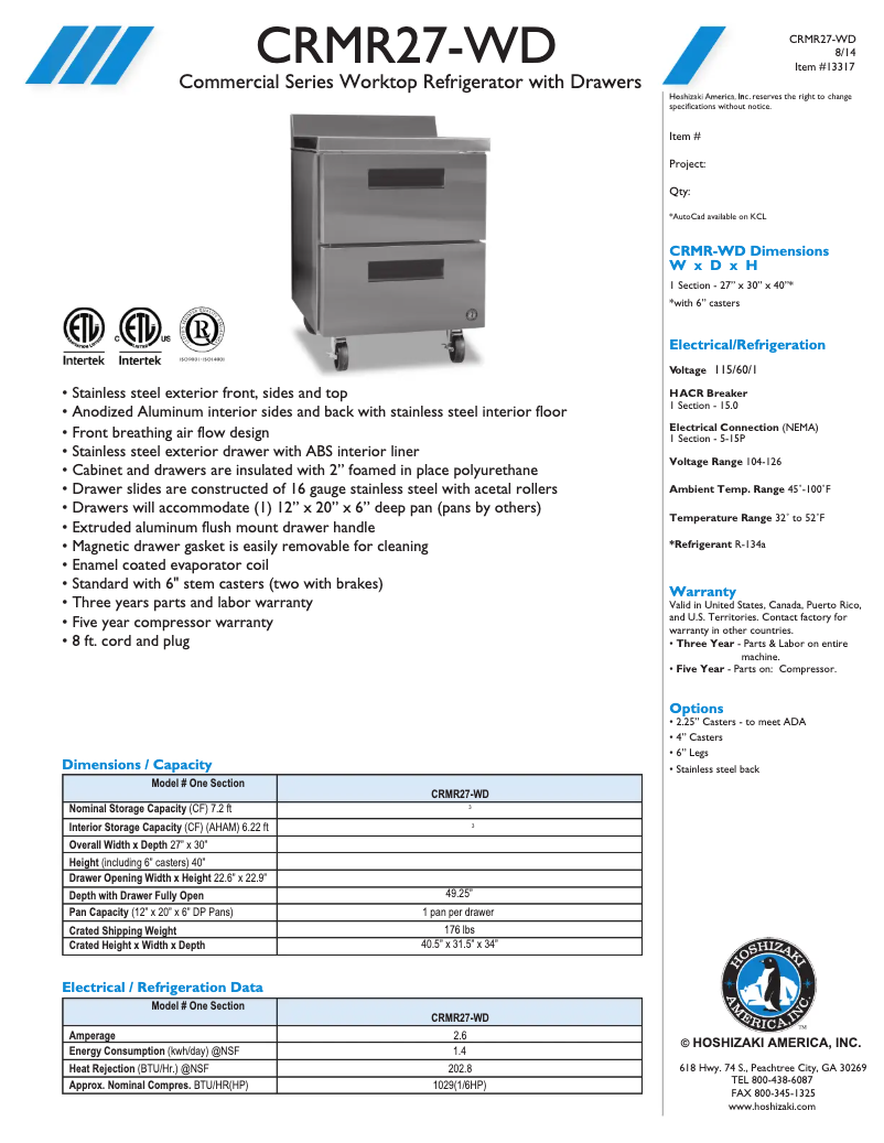 Page n°1 - Fiche technique Hoshizaki CRMR27-WD