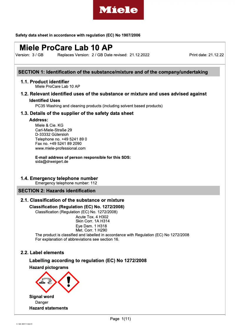 Page 1 de la notice Fiche technique Miele G 7465 SCVi XXL AutoDos E