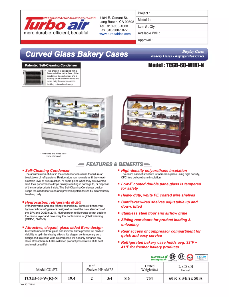 Página 1 del manual Ficha técnica Turbo air TCGB-60-2