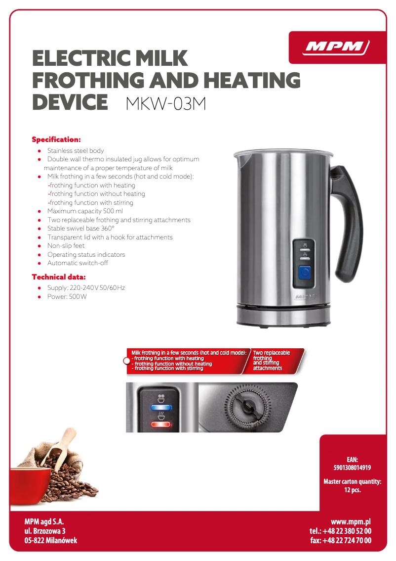 Page 1 de la notice Fiche technique MPM MKW03M