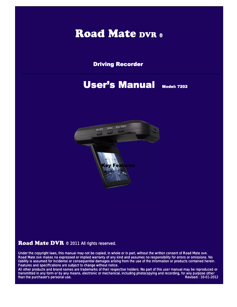 Page 1 de la notice Manuel utilisateur Road Mate DVR 7202