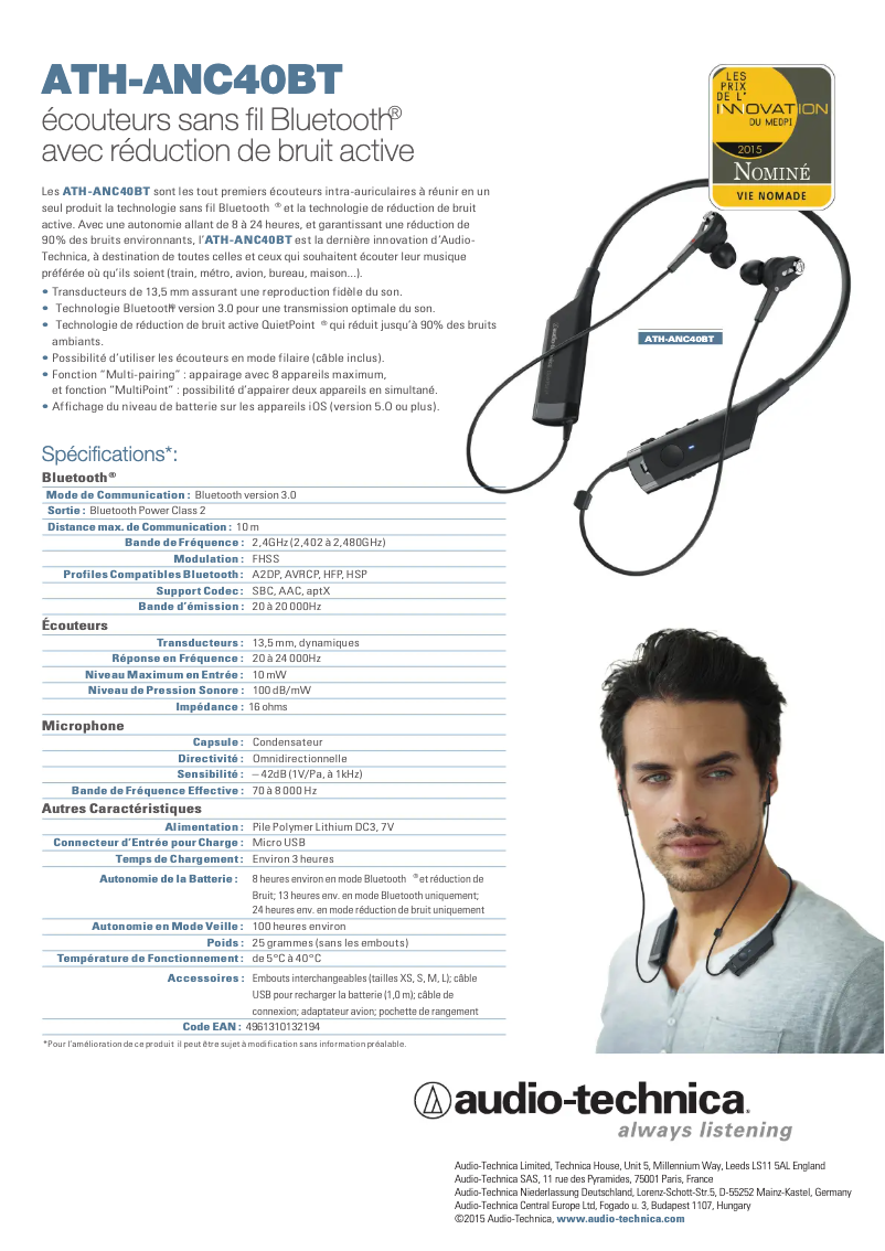 Image de la première page du manuel de l'appareil ATH-ANC40BT
