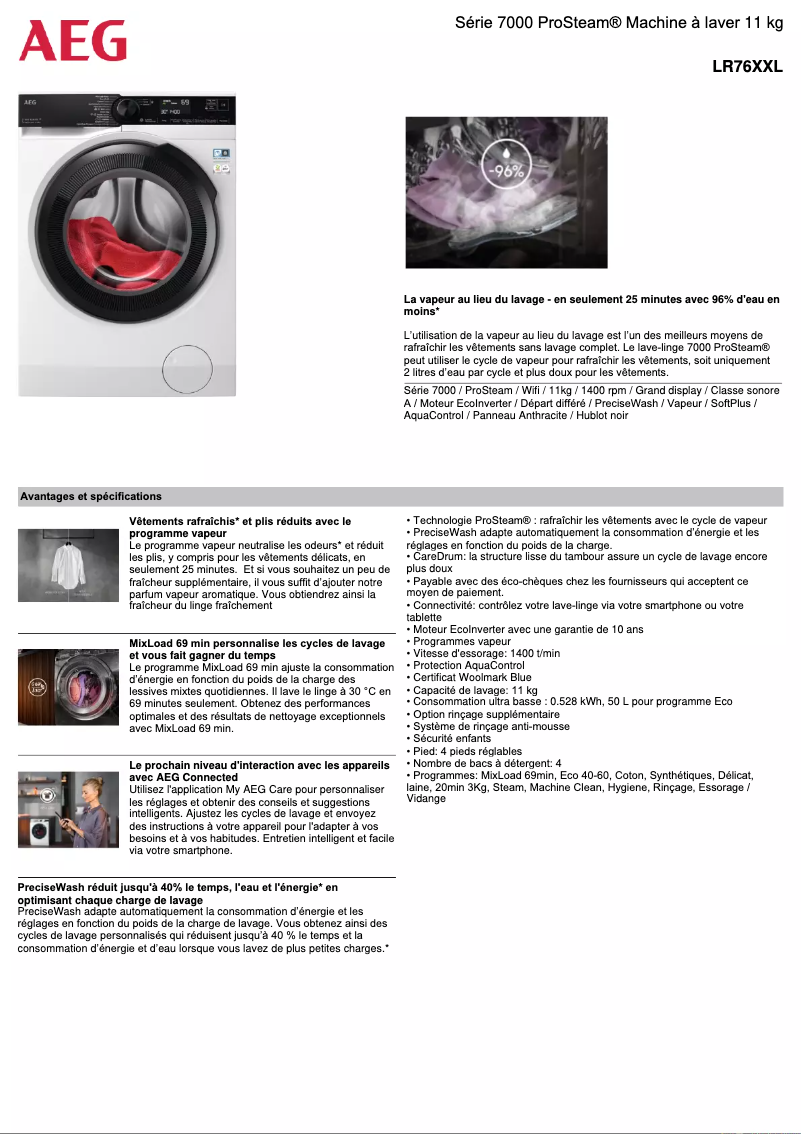 Page 1 de la notice Fiche technique AEG LR76XXL
