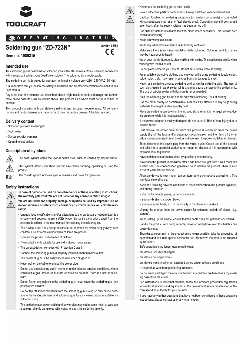 Page 1 de la notice Manuel utilisateur Toolcraft ZD-723N