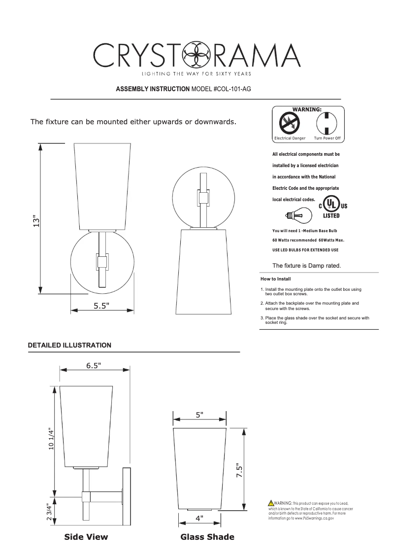 Page 1 de la notice Manuel utilisateur Crystorama Colton COL-101-AG