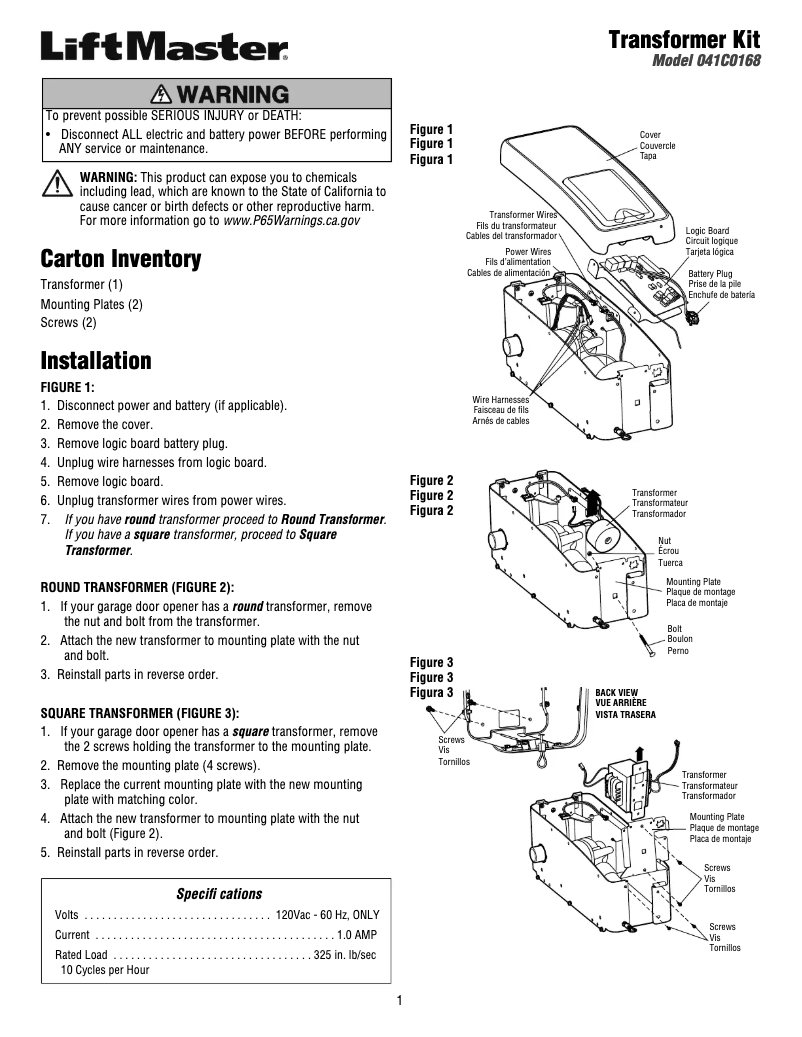 Page 1 of the manual User Manual LiftMaster 41C168