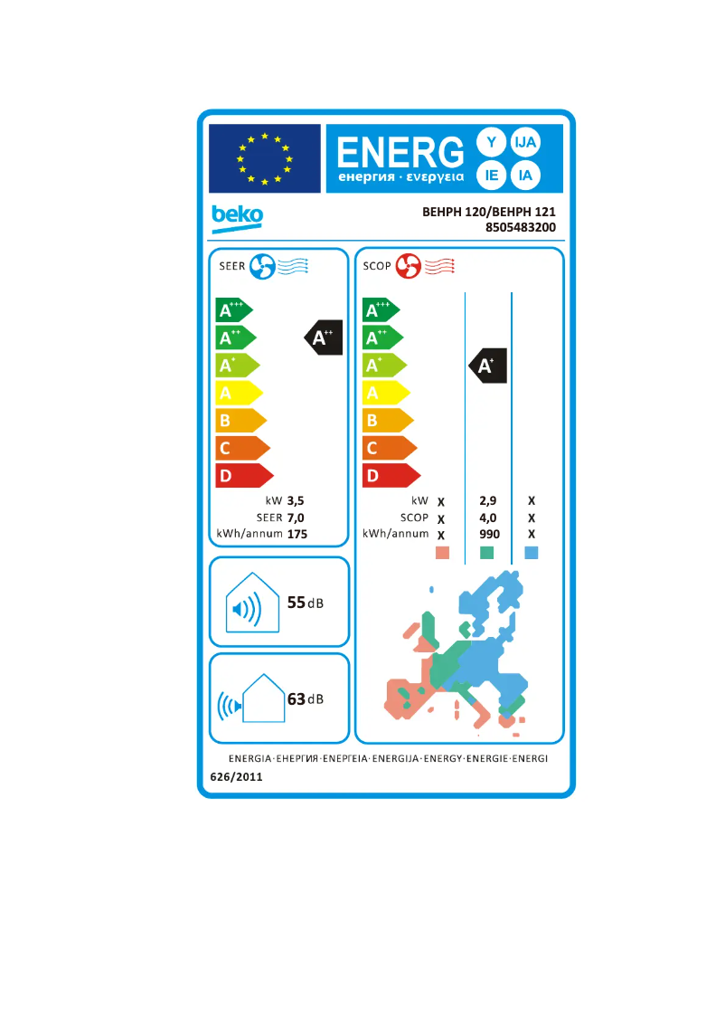Page 1 de la notice Label énergétique Beko BEHPH 121
