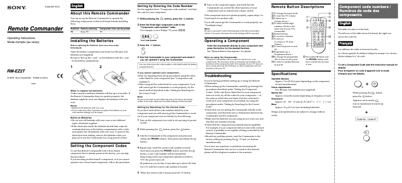 Page 1 de la notice Manuel utilisateur Sony RM-EZ2T