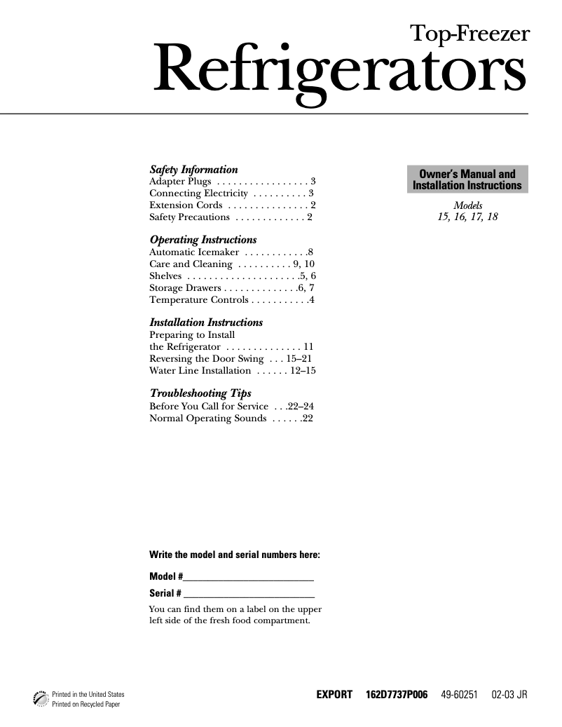 Page 1 of the manual Use and Maintenance Manual GE GTT18HCMCC