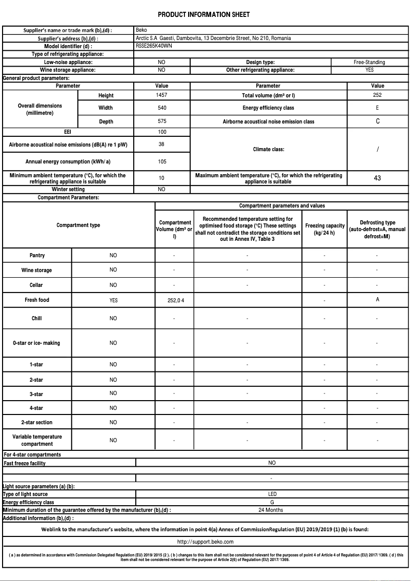 Page 1 de la notice Fiche technique Beko RSSE265K40WN