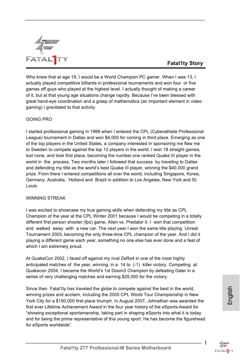 Page 1 de la notice Manuel utilisateur Asrock Fatal1ty Z77 Professional-M