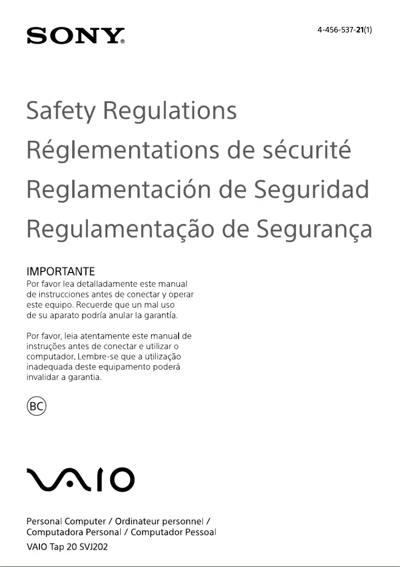 Image de la première page du manuel de l'appareil Vaio SVJ20225CLB